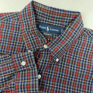 Ralph Lauren Custom Fit Men's Large Red Navy Plaid Long Sleeve Button Down Shirt